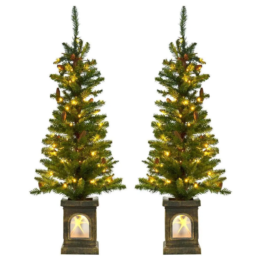 Set Of 2 Pre-Lit 4Ft Green Pine Cone Christmas Pathway Trees 1