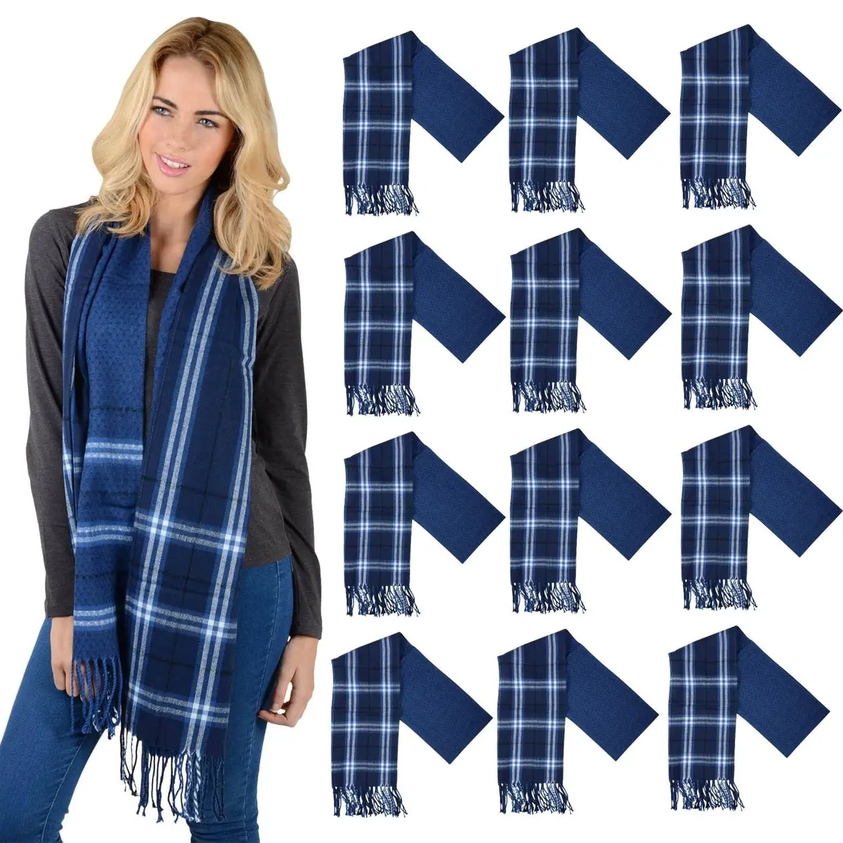 Bulk Pack Of 12 Harris Scarf Soft Woven Plaid Check Fringe Blue 1