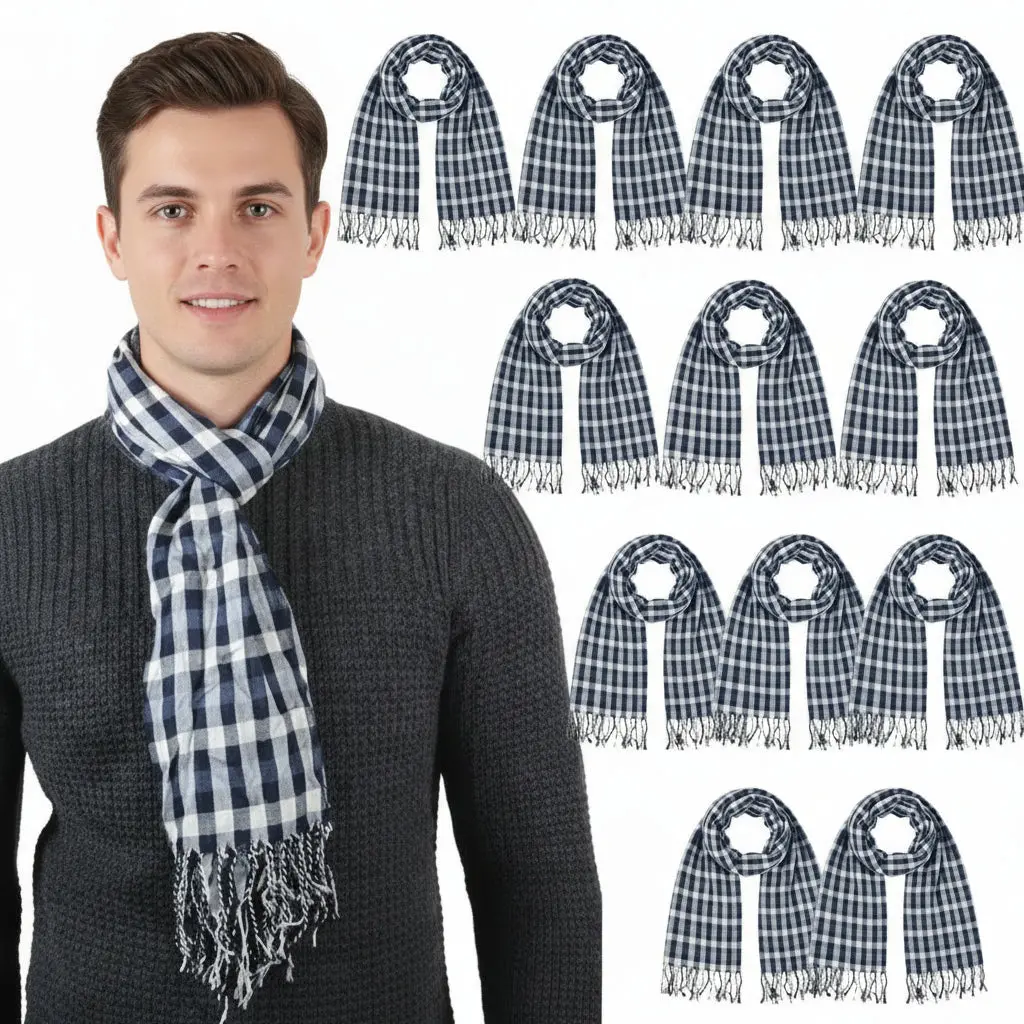 Bulk Pack Of 12 Mens Blue Check Milan Lightweight Woven Scarf Fringed 1