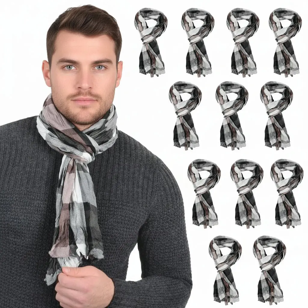 Bulk Pack Of 12 Mens Brown Grey Check Roma Lightweight Woven Scarf 1