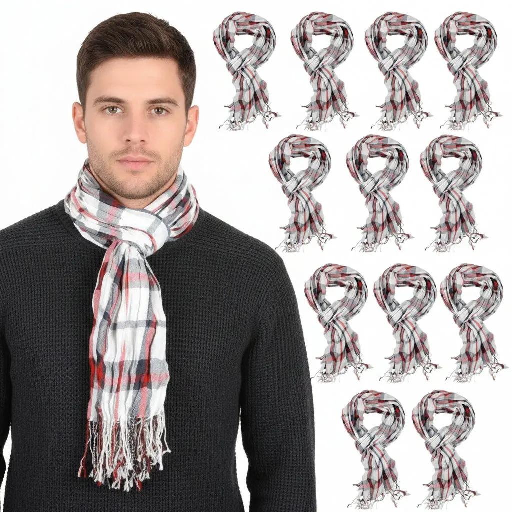 Bulk Pack Of 12 Mens Red Check Venice Lightweight Woven Scarf Fringed 1