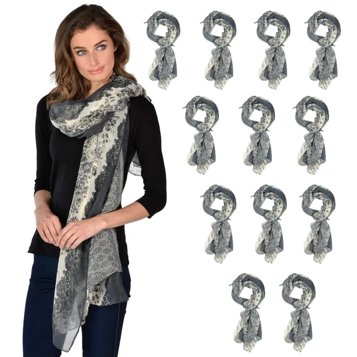 Bulk Pack Of 12 Womens Monaco Floral Print Lightweight Sheer Scarf 1