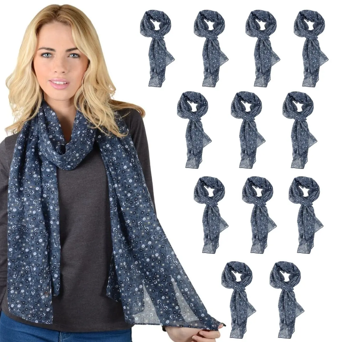 Bulk Pack 12 Womens Blue Floral Print Cannes Lightweight Sheer Scarf 1