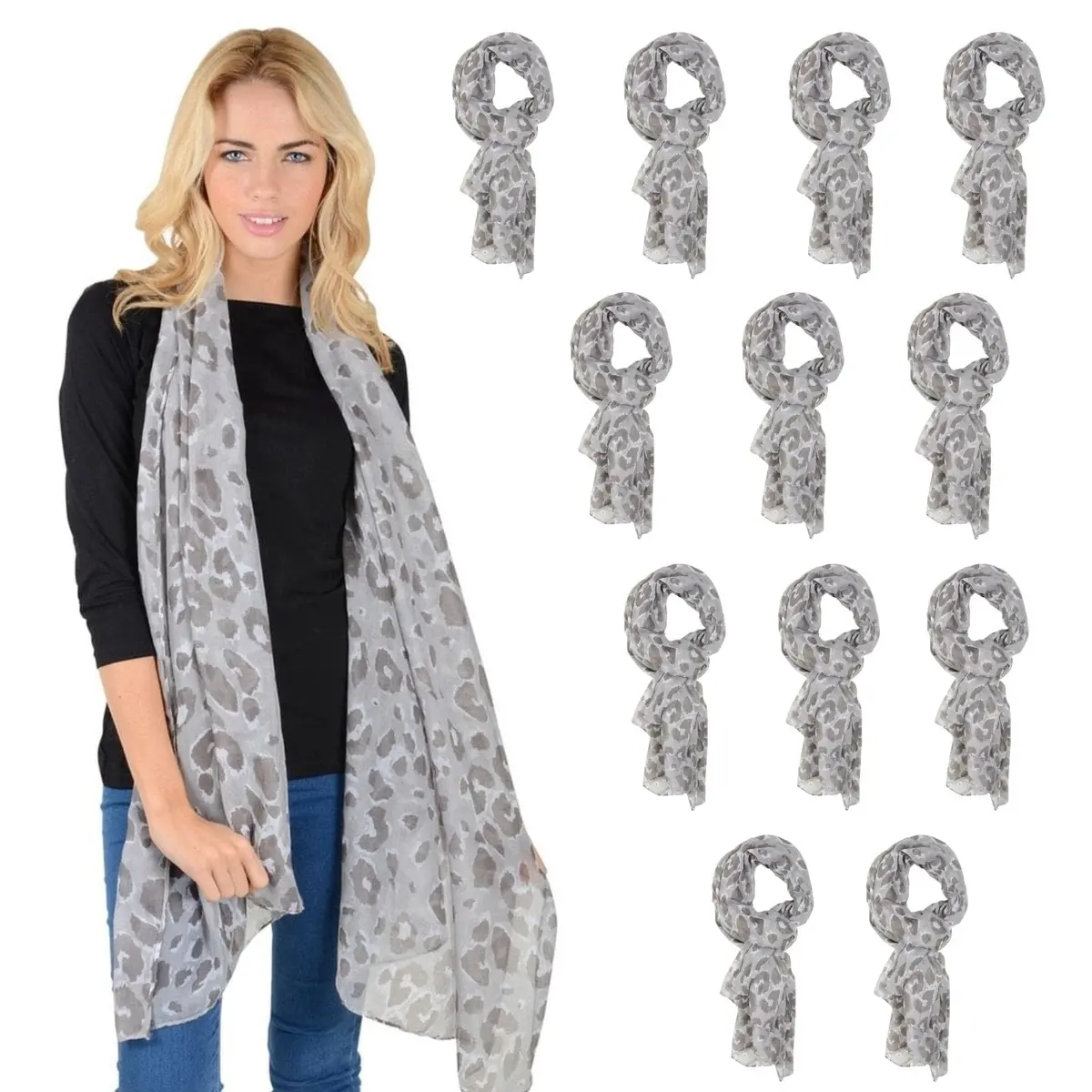 Bulk Pack 12 Womens Grey Sheer Leopard Print Animal Lightweight Scarf 1