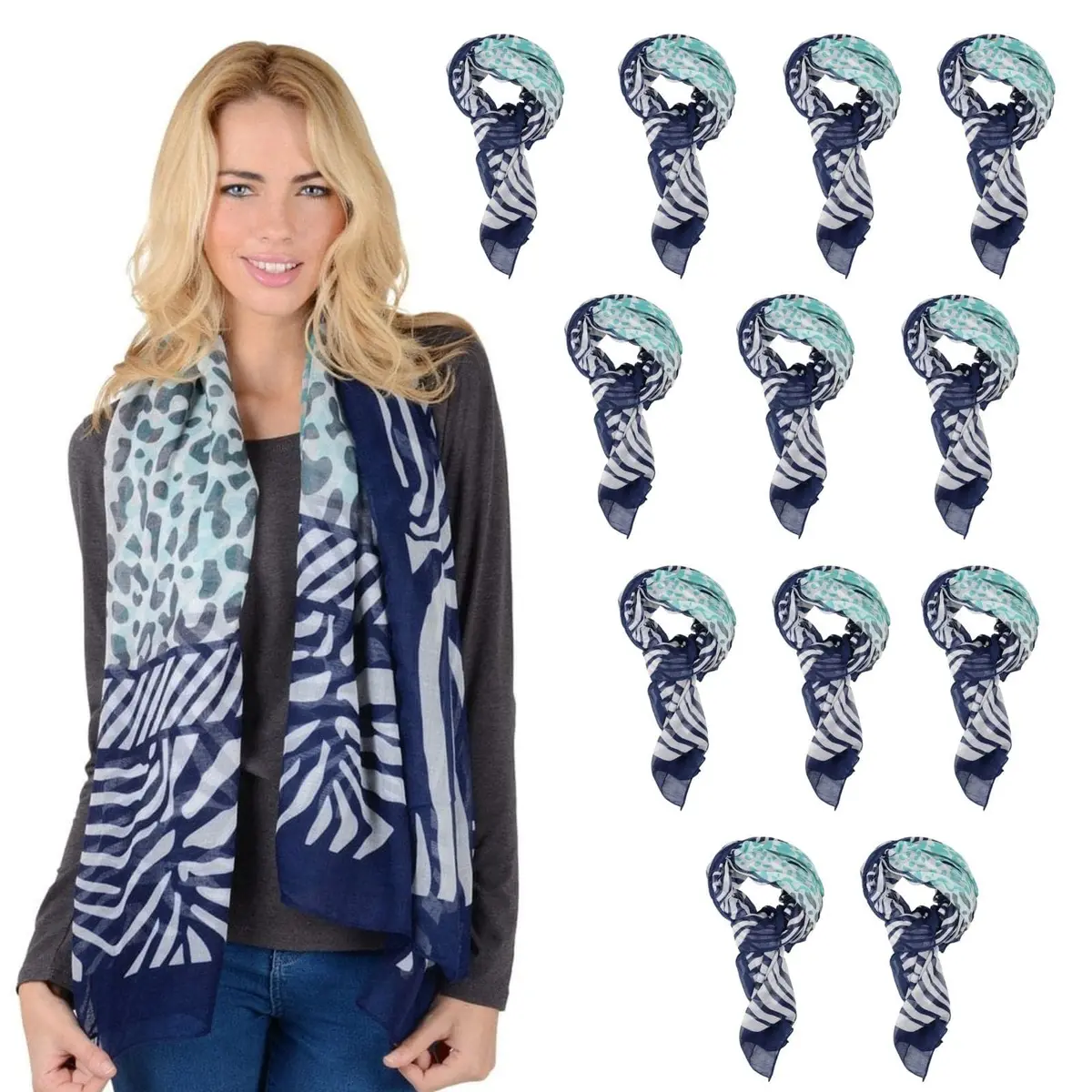 Bulk Pack Of 12 Womens Navy Blue Teal Mixed Animal Print Sheer Scarf 1