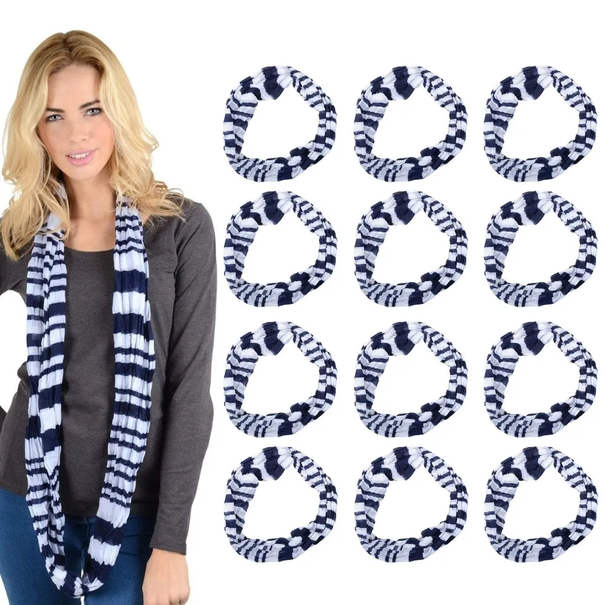 Bulk Pack Of 12 Womens Navy Blue White Striped Snood Lightweight Scarf 1