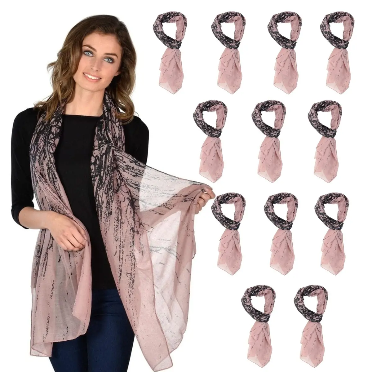 Bulk Pack 12 Womens Pink Black Abstract Print Sheer Scarf Lightweight 1