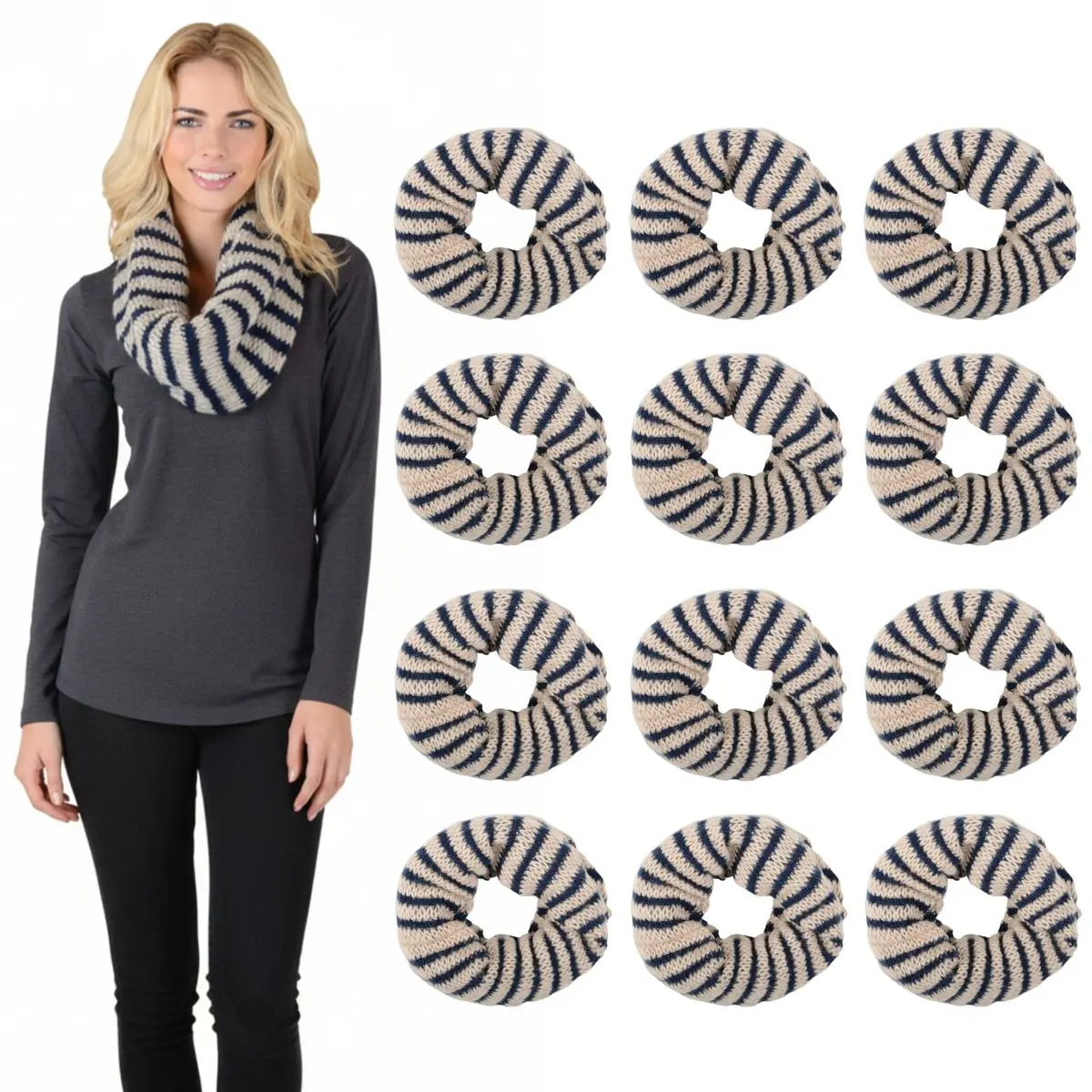 Bulk Of Pack 12 Womens Stripe Navy Beige Knit Snood Scarf Neck Warmer 1