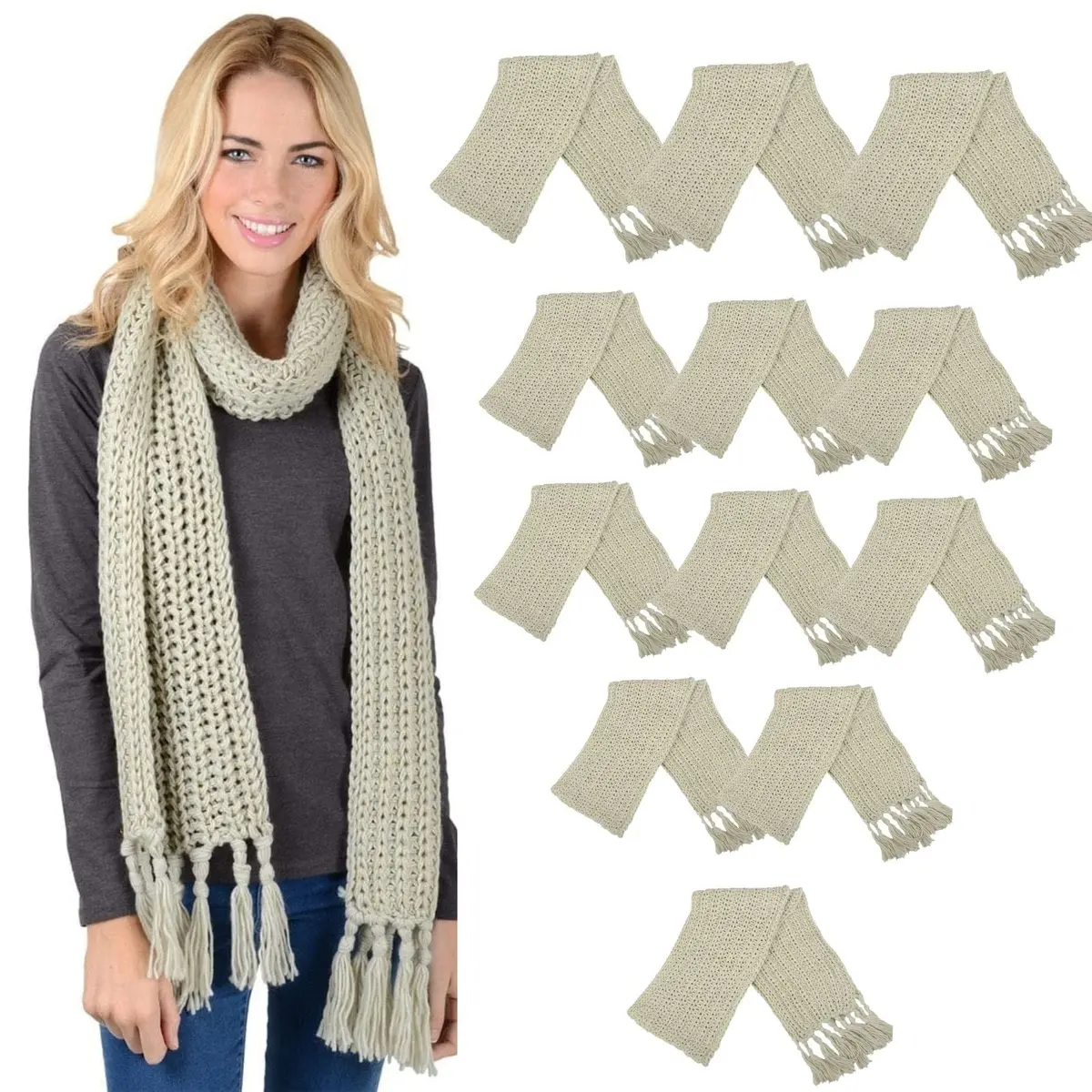 Bulk Of Pack 12 Womens Chunky Knit Natural Winter Scarf Fringed Gold 1