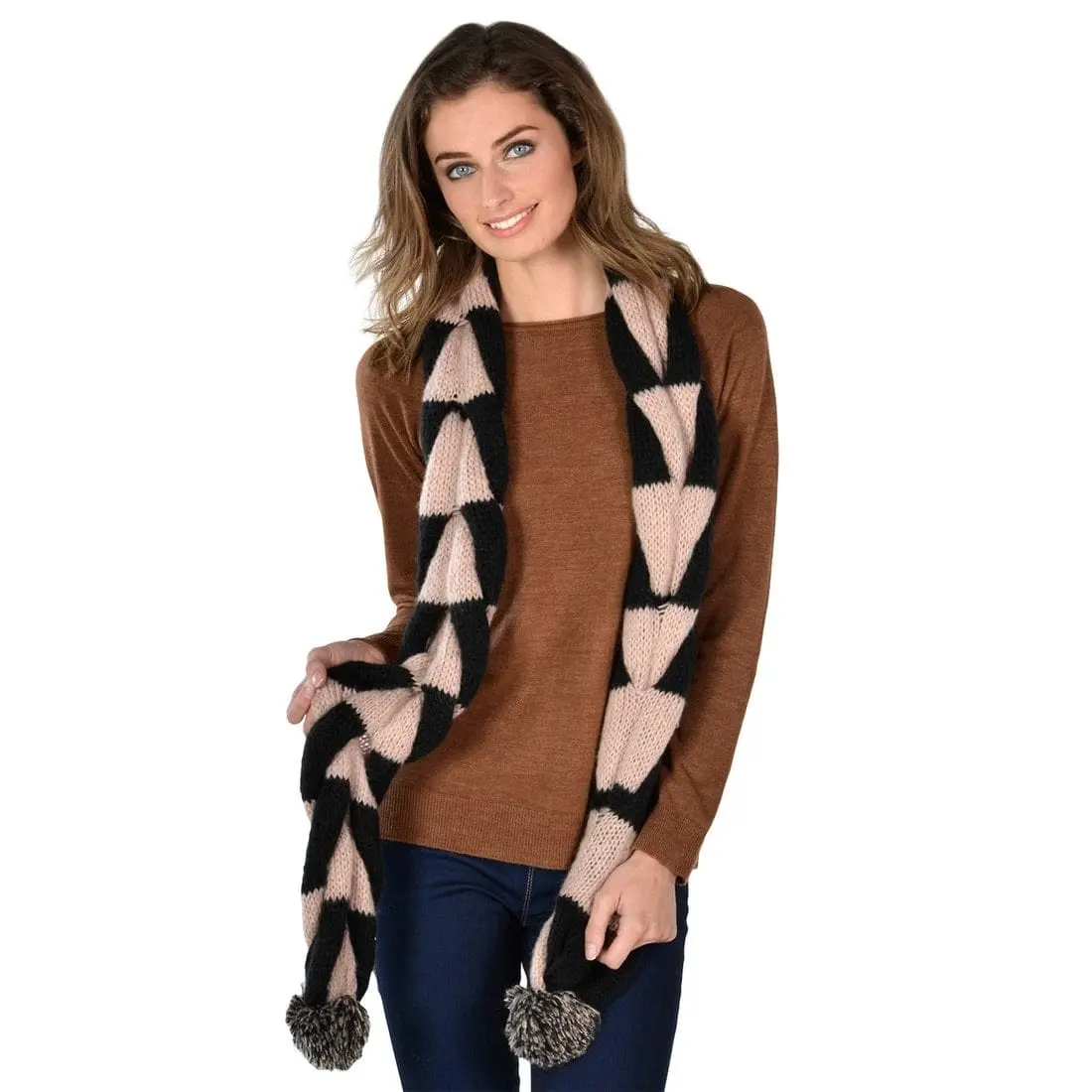 Linz Womens Pom Pom Scarf Black/Beige Plaited Knitted Design 1