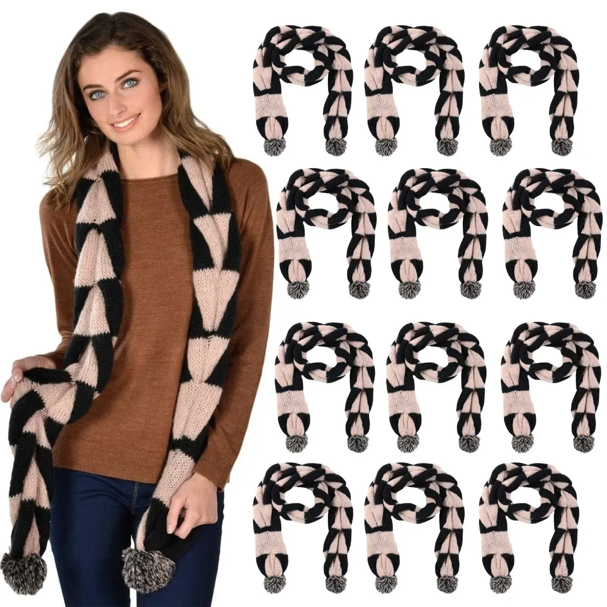 Bulk Of Pack 12 Womens Chunky Knit Winter Scarf Black Beige Pom Pom 1