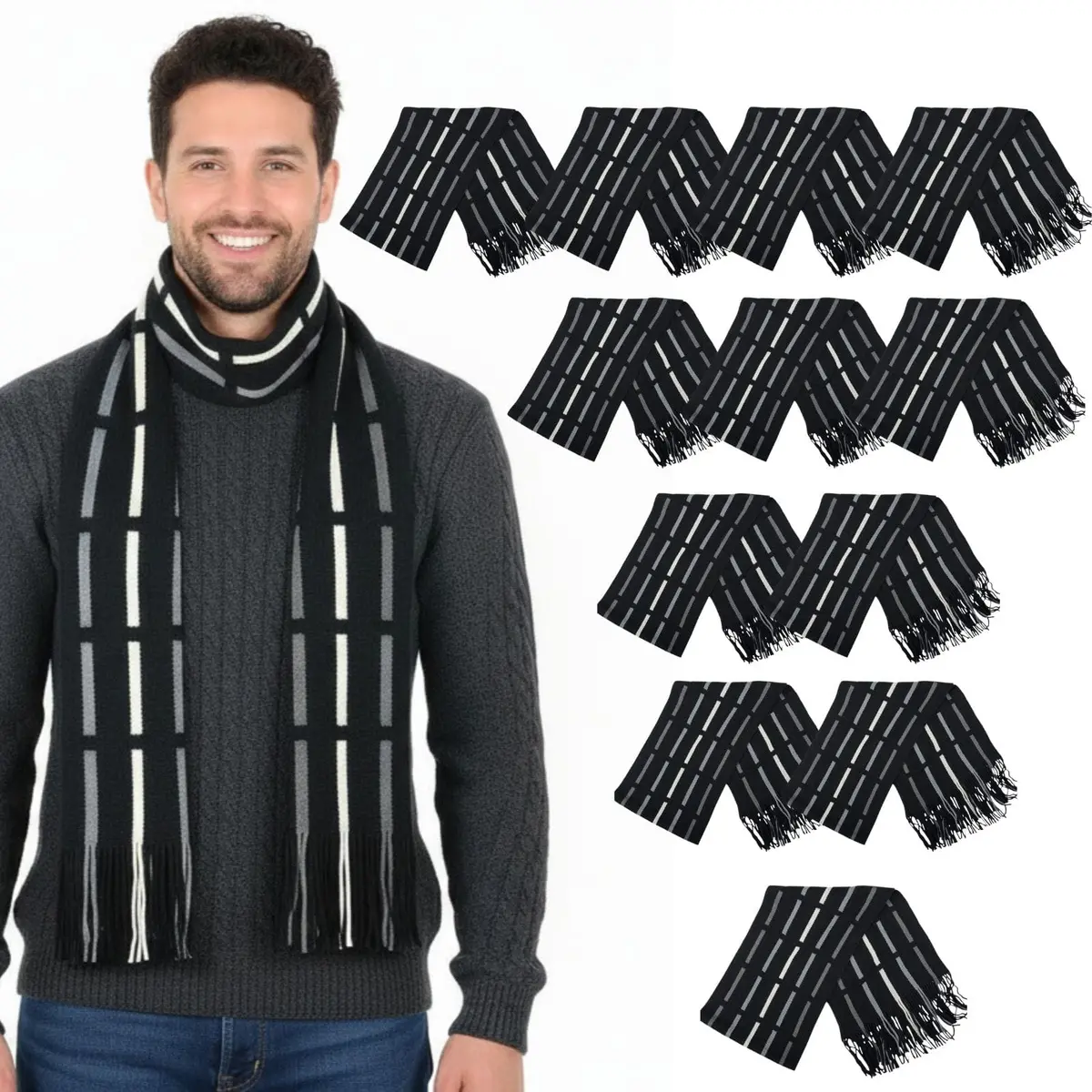Bulk Pack Of 12 Mens Black White Stripe Design Knitted Scarf Fringed 1