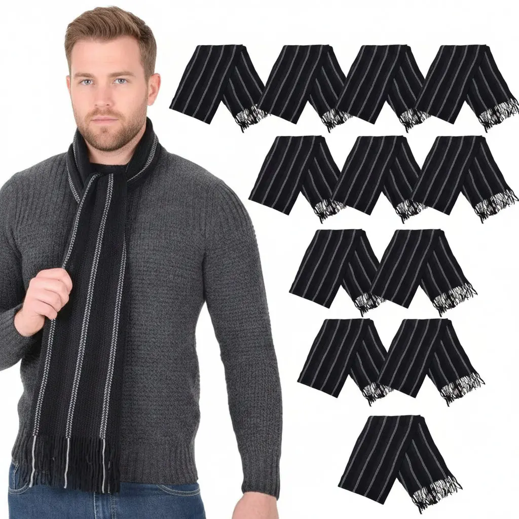 Bulk Pack Of 12 Mens Black Stripe Design Soft Knit Winter Scarf Fringe 1