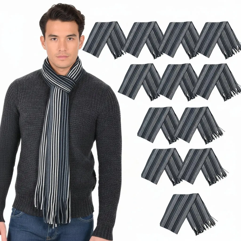 Bulk Pack Of 12 Mens Grey White Stripe Soft Knit Winter Scarf Fringe 1