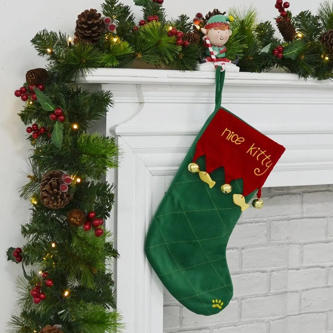 Nice Kitty Pet Cat Christmas Stocking Red & Green Fabric 1