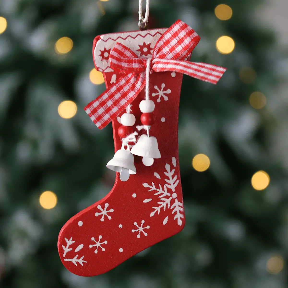 Set Of 6 Stocking Christmas Tree Decorations Wooden Boxed 1