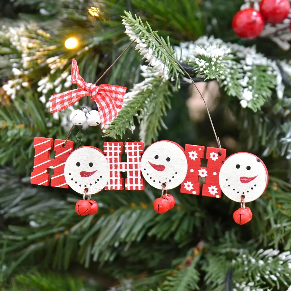 Set Of 3 Ho Ho Ho Christmas Tree Decorations Wooden Boxed 1