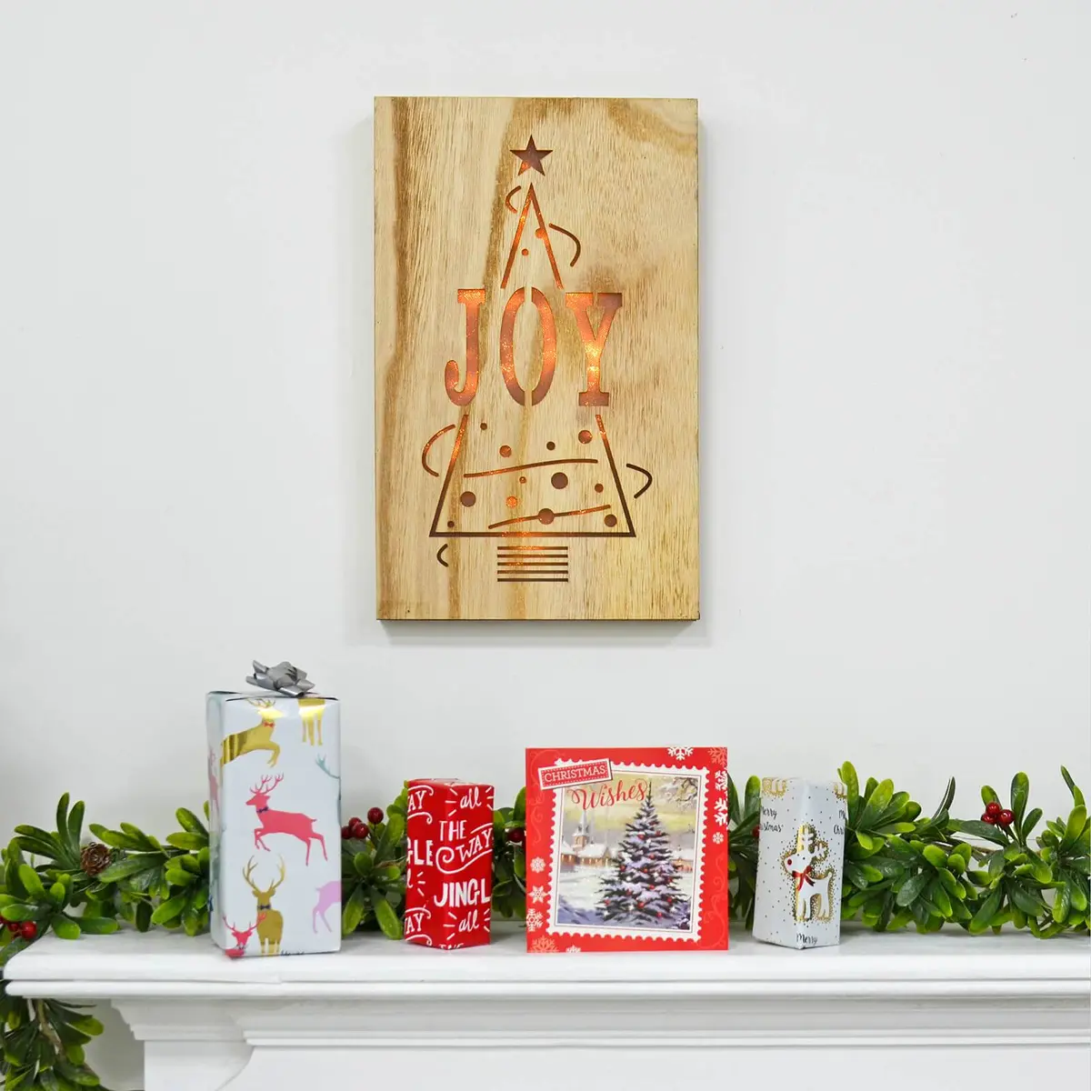 Light Up Joy Wooden Box Wall Plaque Christmas Decoration 1