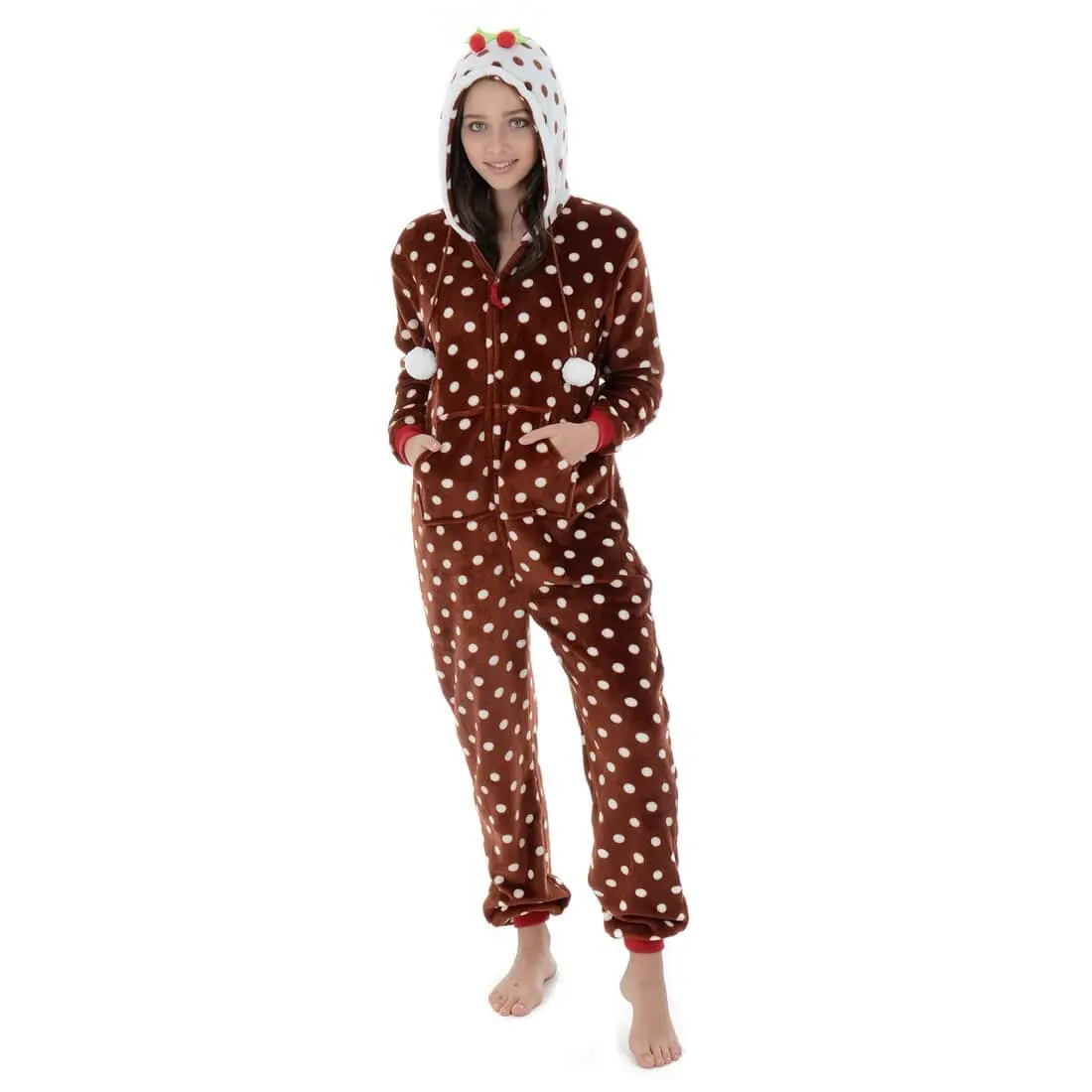 Womens Fleece Christmas All In One Pyjamas Xmas Pudding Hood 1