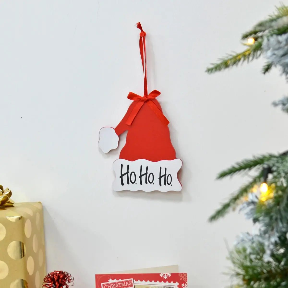 Santa Hat Wooden Christmas Wall Plaque Decoration Ho Ho Ho 1