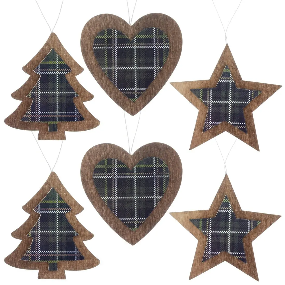 Set Of 6 Tartan Wooden Hanging Christmas Tree Decorations 2