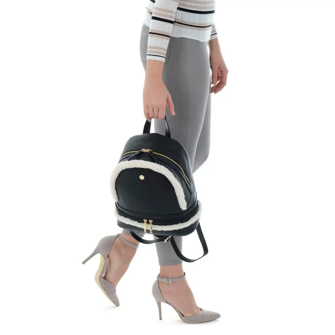 Womens Leyla Faux Leather Zip Backpack Faux Fur Trim 1