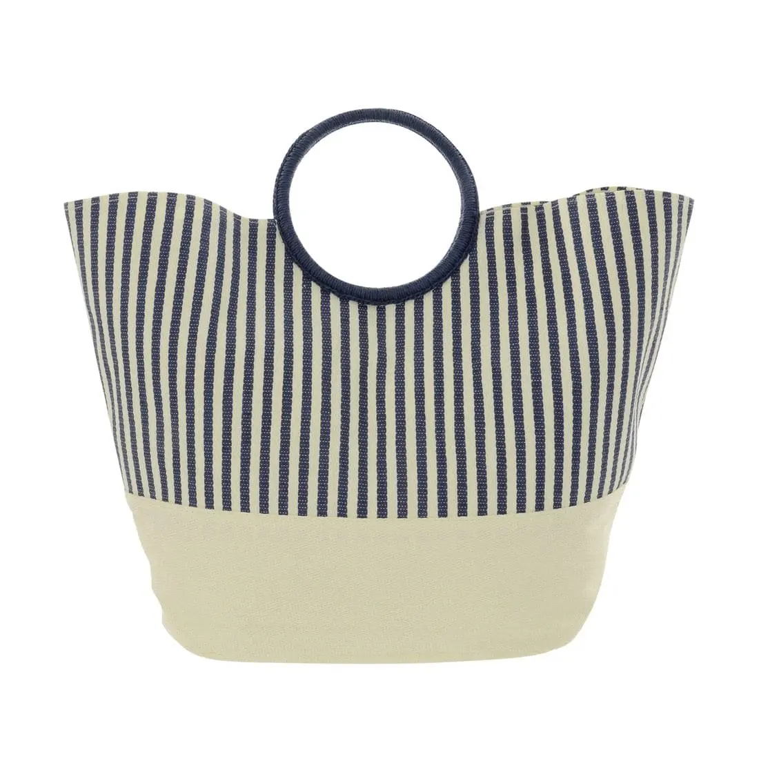 Womens Straw Navy/White Stripe Holiday Beach Bag Round Handle 1