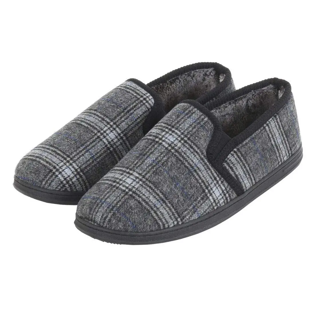 Mens Full Slippers Check Fleece Faux Fur Lining Non-Slip Sole 1