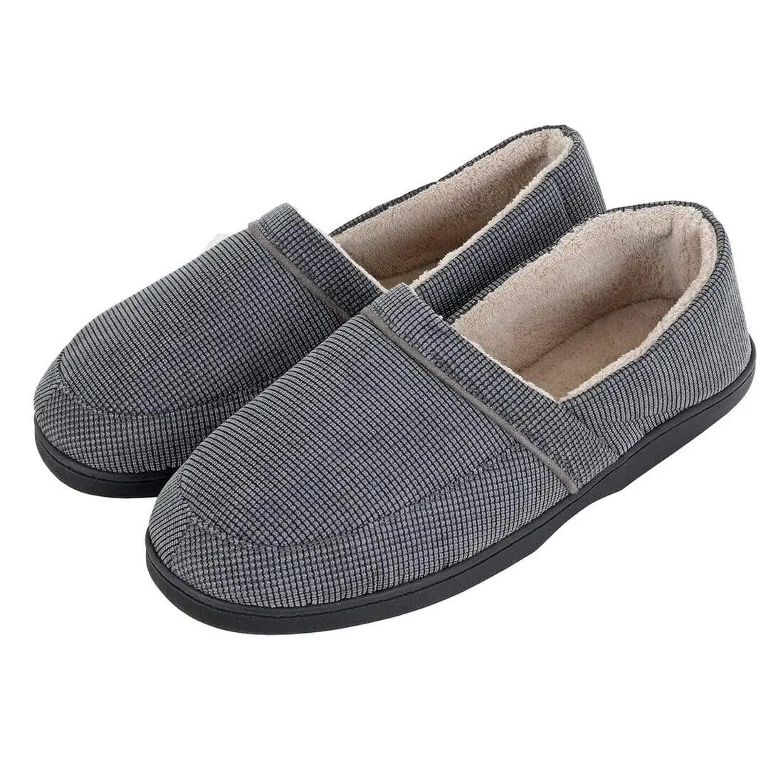 Comfortable men's slippers featuring soft corduroy uppers, plush microfiber towel lining for absorbency, and a durable non-slip outsole for safety indoors.