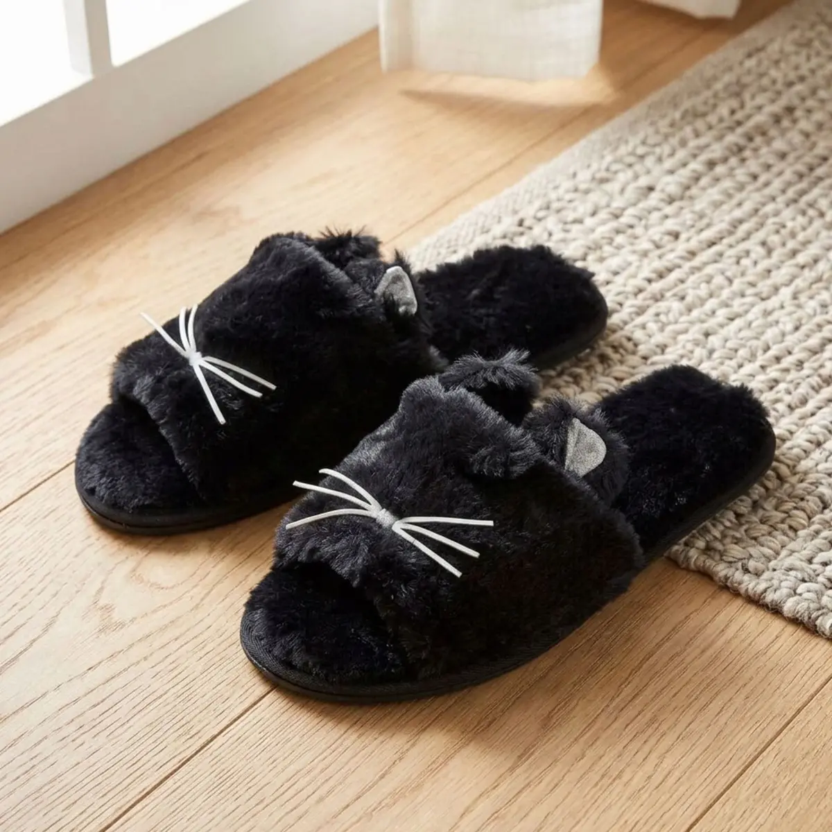Womens Sliders Kitty Cat Faux Fur Slippers Non-Slip 1