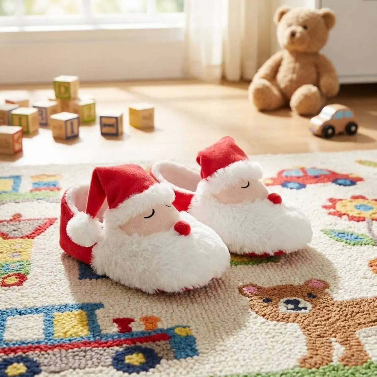 Kids Novelty 3D Santa Slippers Soft Fleece With Pom Poms 1