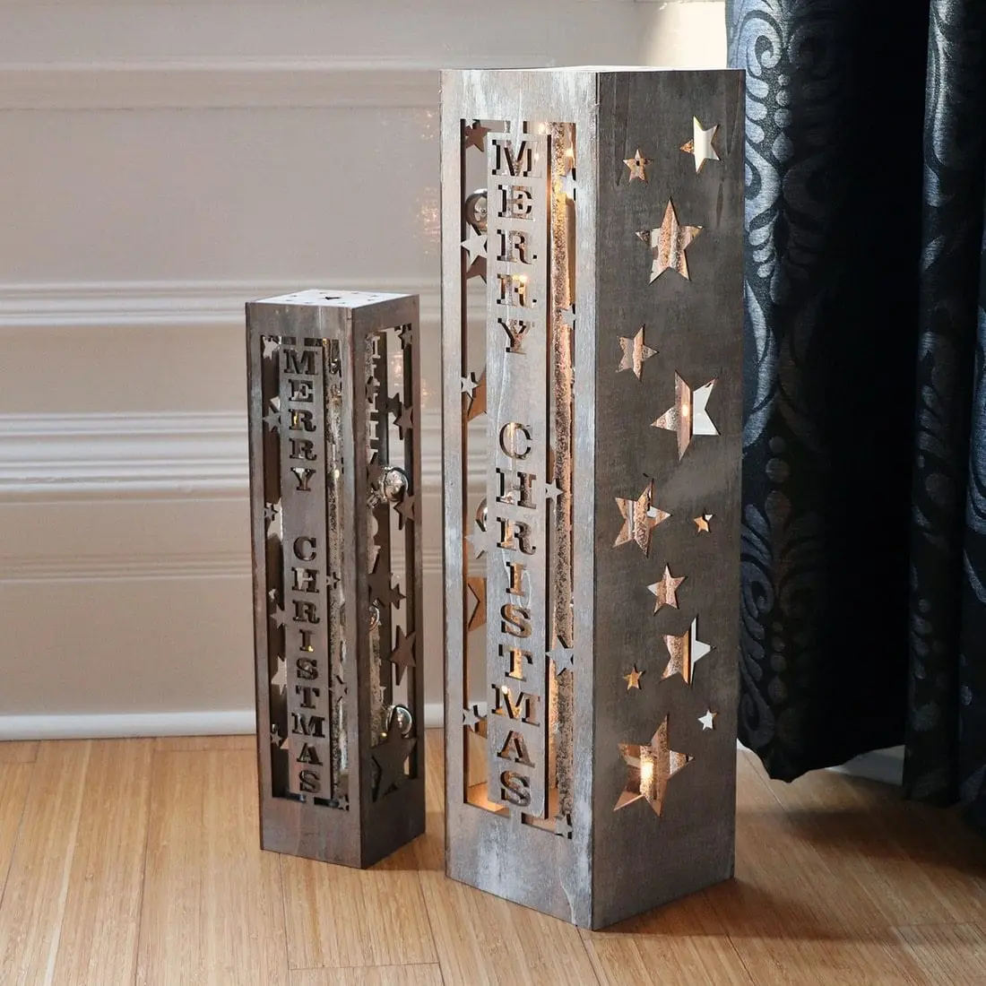 Wooden Merry Christmas Pillar Light Up Xmas Decoration 1