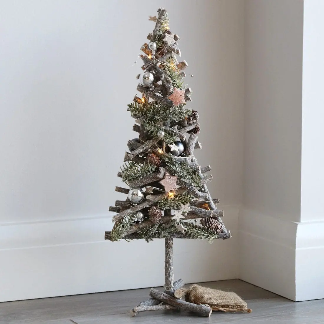 Pre-Lit Wooden Stick Christmas Tree Xmas Decoration 55Cm 1