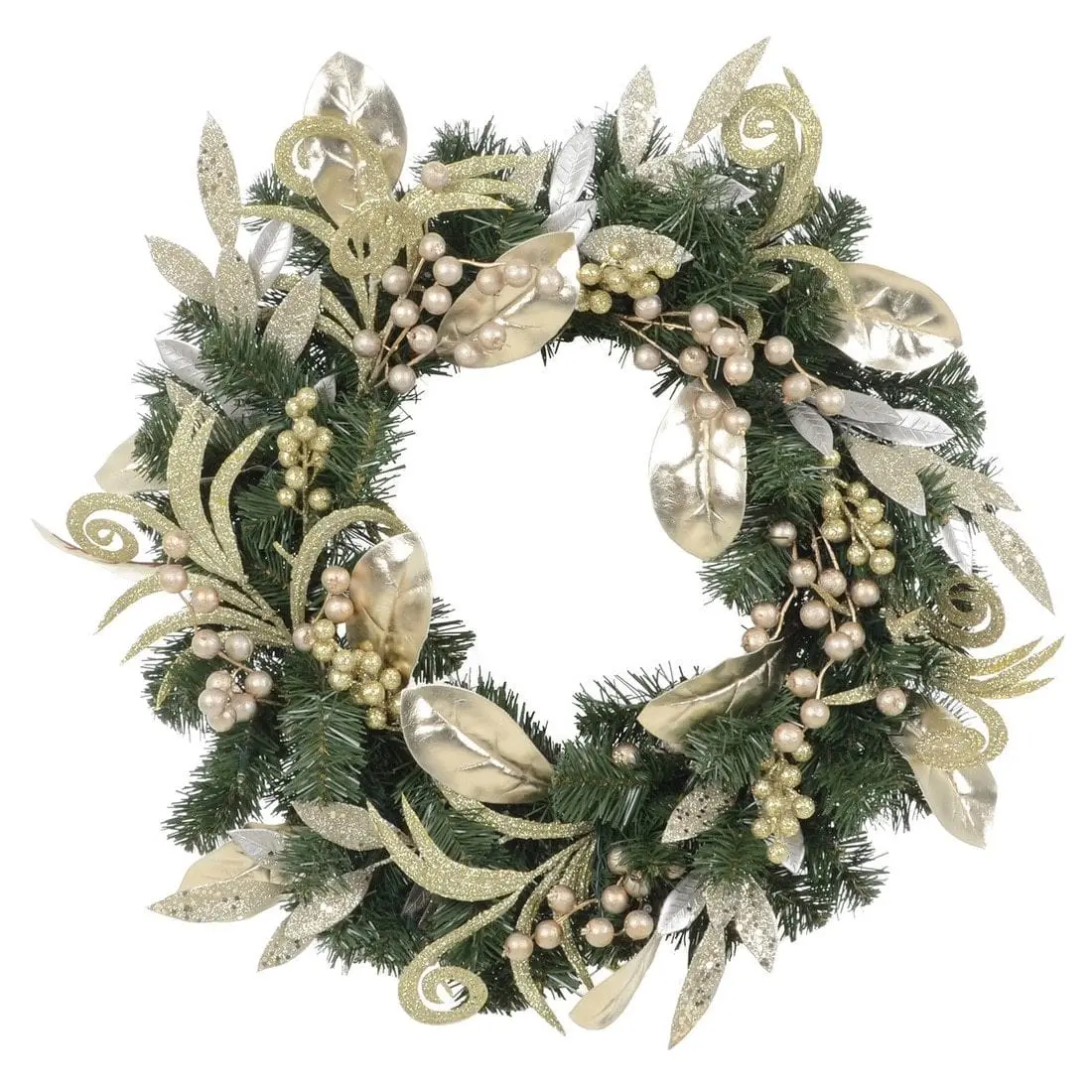 Christmas Wreath Pre-Lit Silver Gold Leaf Berries 60Cm (2Ft) 1