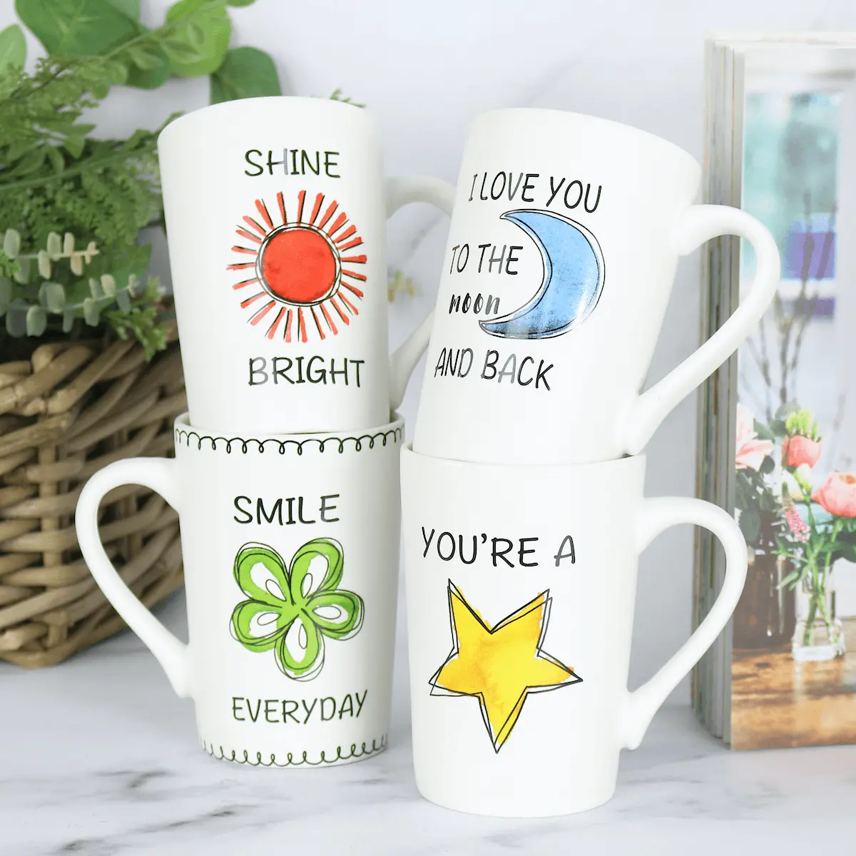Set Of 4 White Porcelain Coffee Mugs Tea Cups With Slogans 1