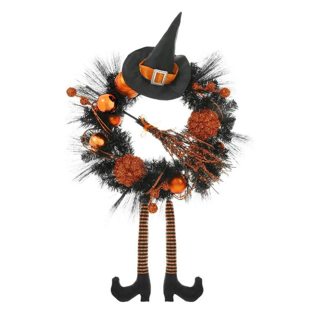 24" Orange Witch Halloween Wreath Sparkly Hanging Decoration 1
