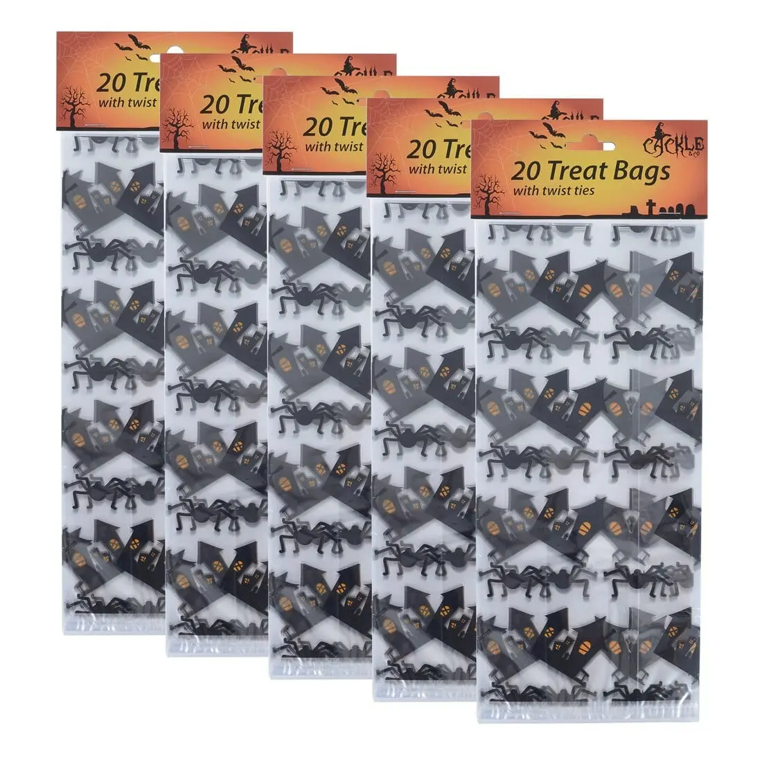 5 X 20Pk Halloween Trick Or Treat Cellophane Bags With Ties 3