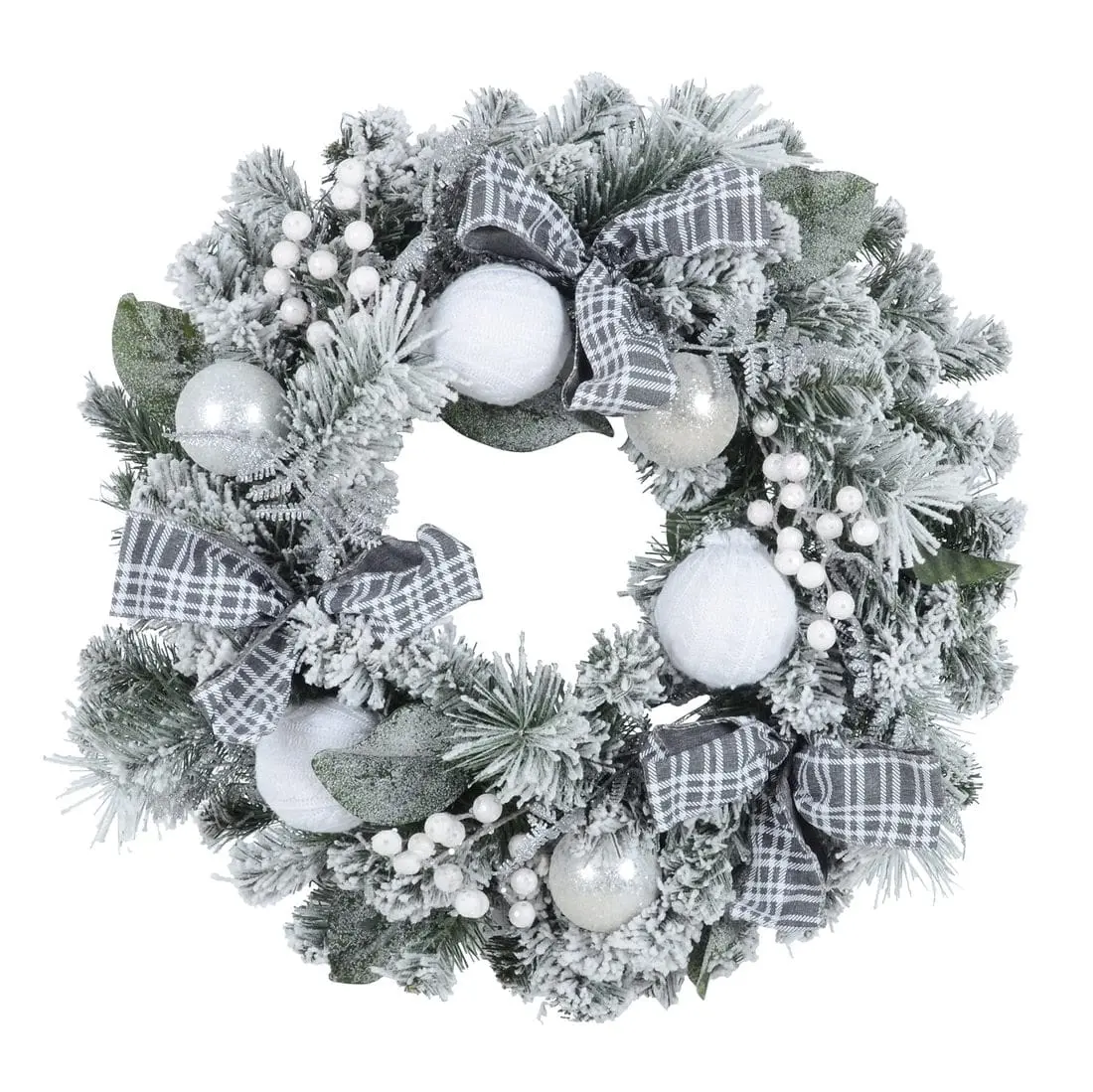 Snow Flocked Christmas Wreath With Grey Tartan Bows 60Cm 1