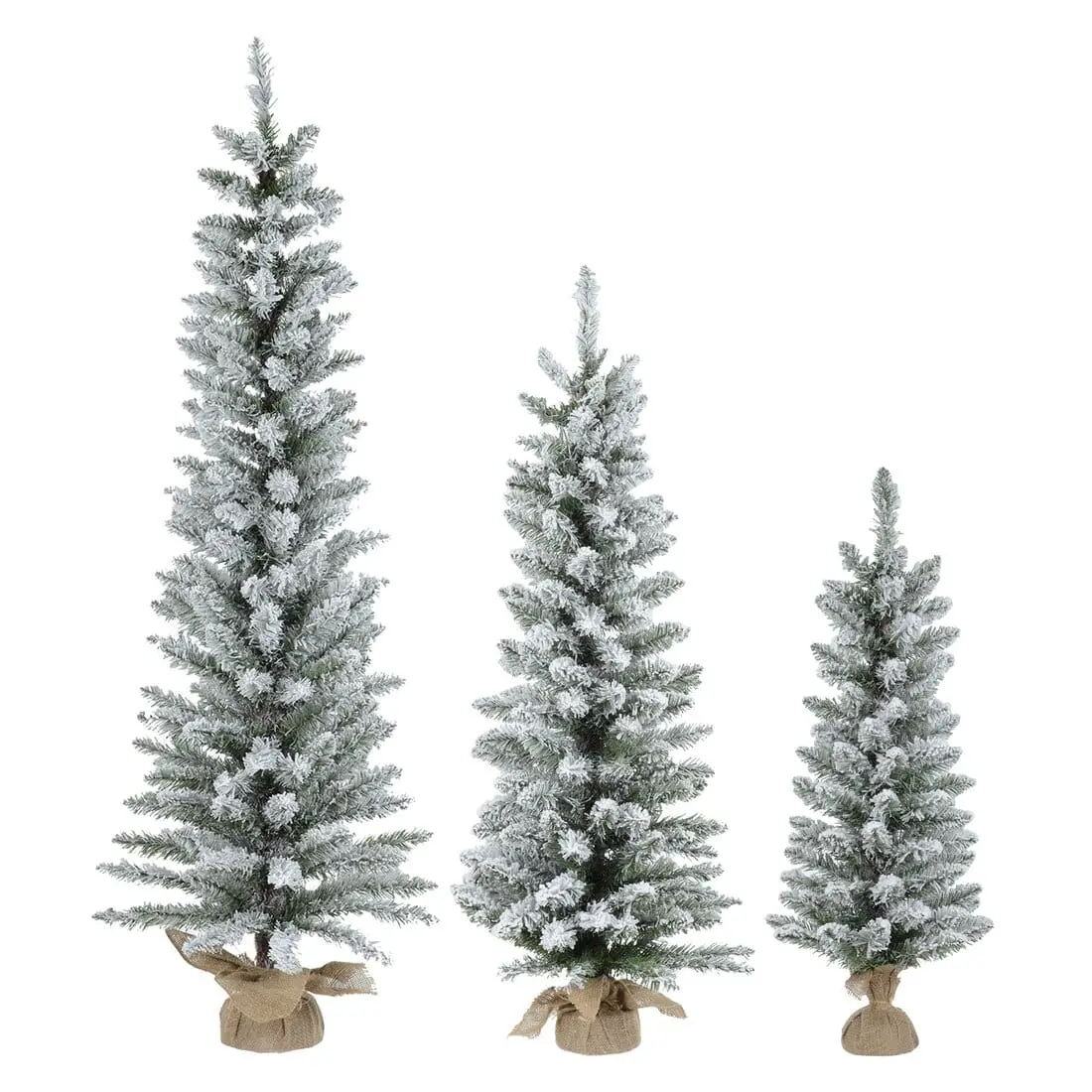 Snow Flocked Pencil Christmas Tree With Jute Fabric Base 1