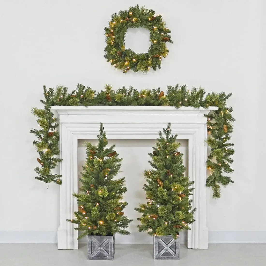 Pair Of Potted Christmas Trees Garland And Wreath Set 1