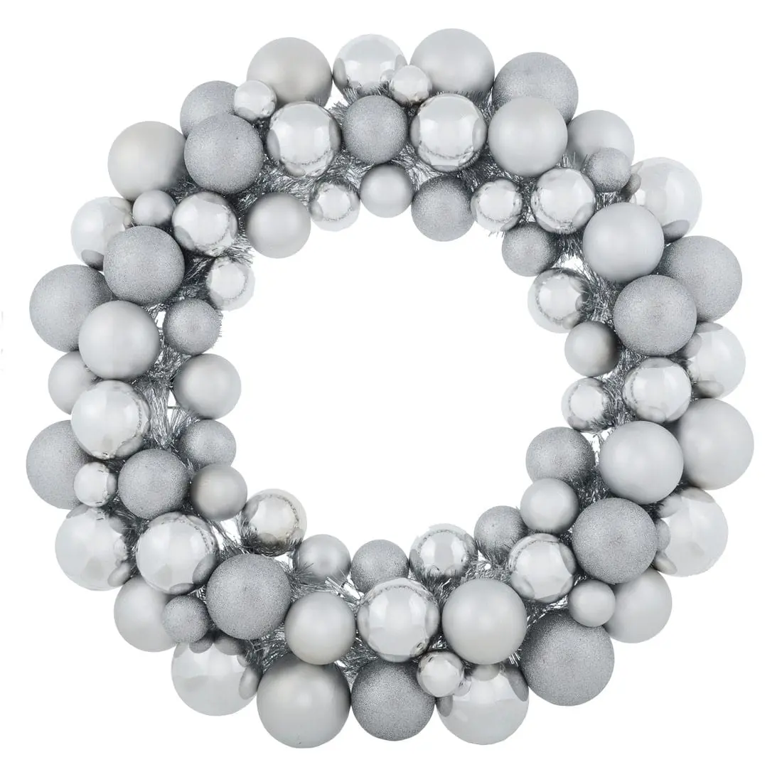 Large 64Cm Mixed Silver Bauble Wreath Christmas Decoration 1