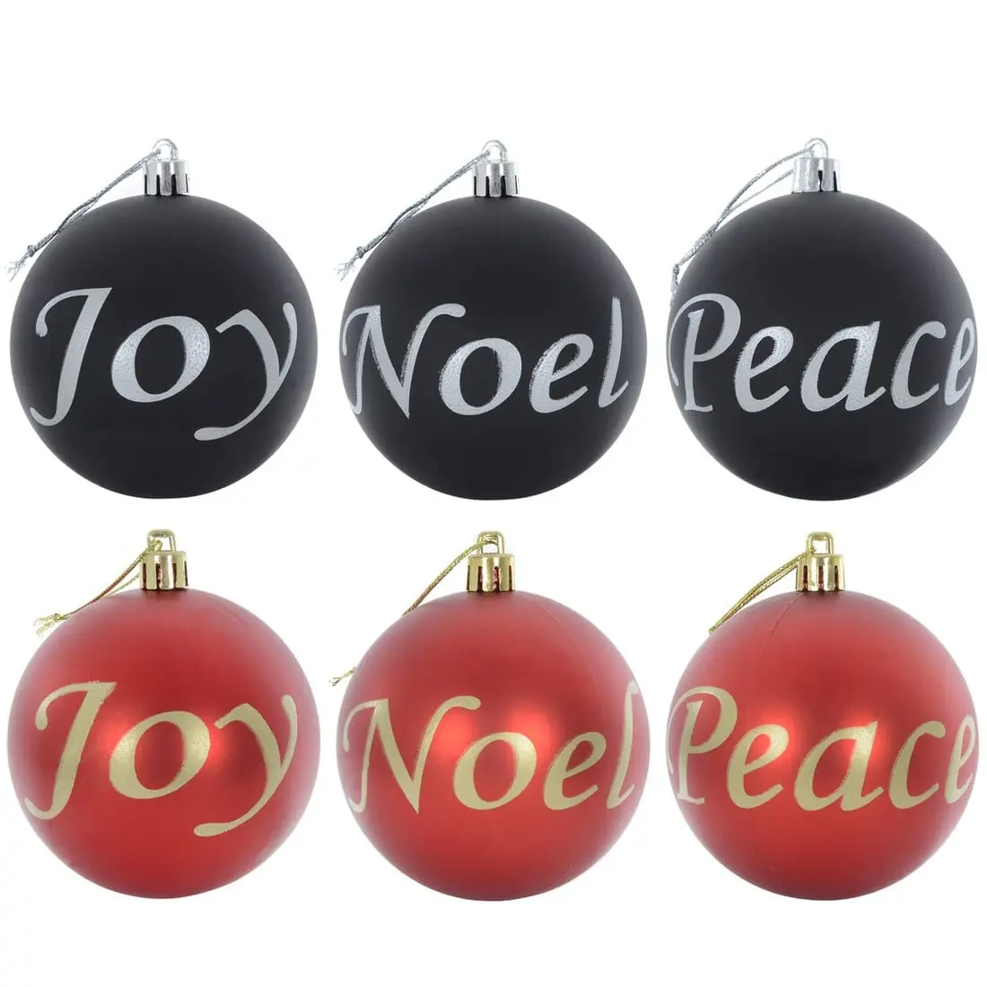 6Pk Joy Peace Noel Christmas Tree Baubles Black Or Red 8Cm 1