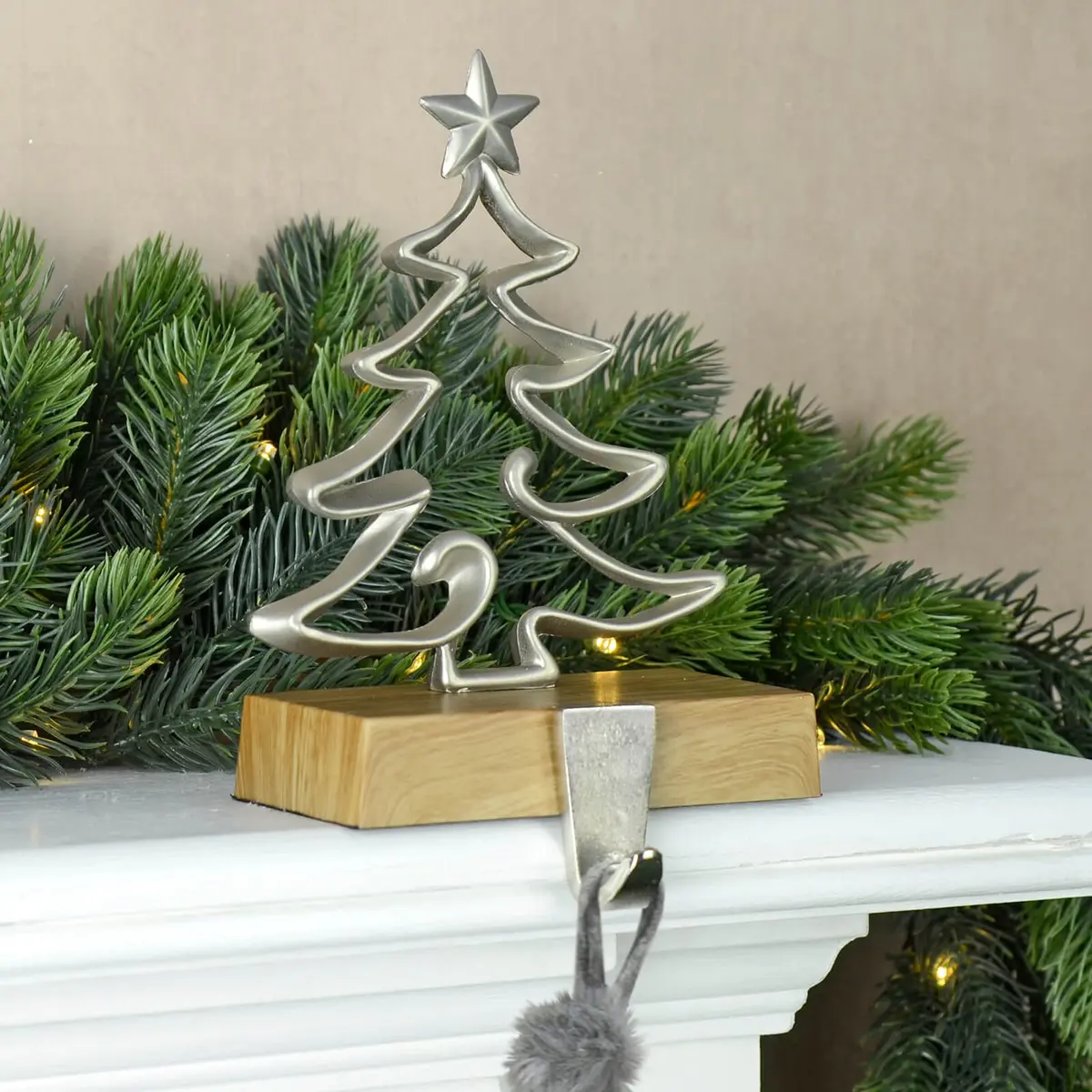 Christmas Stocking Hanger Metal Shape With Faux Wood Base 1