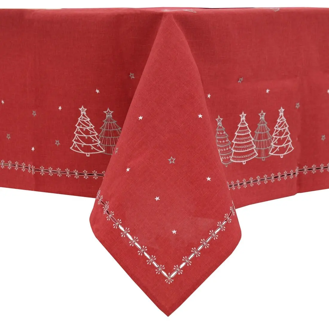 Christmas Tree Embroidered Tablecloths Napkins Fabric Red 1