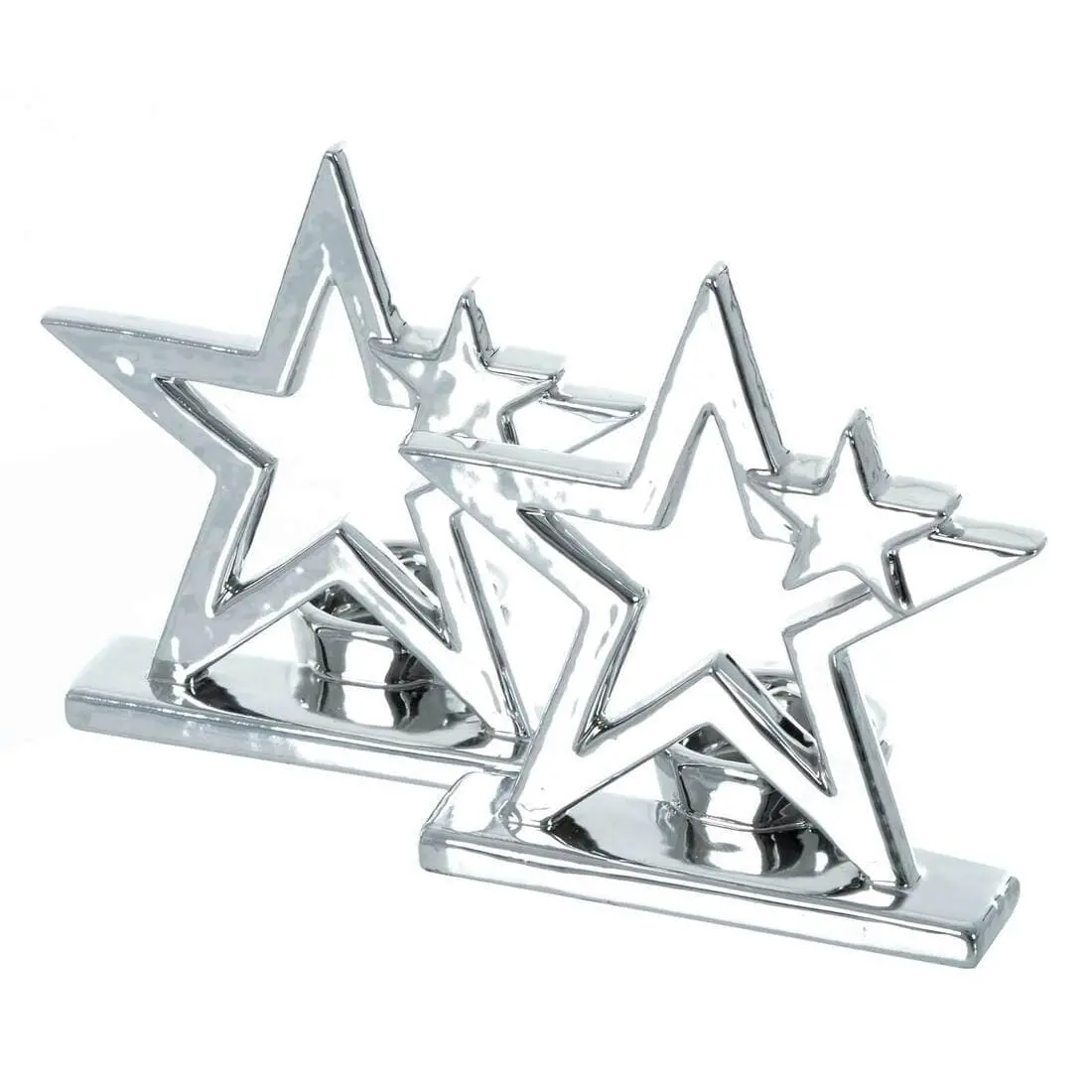 Set Of 2 Christmas Star Candle Holders Polished Silver 1