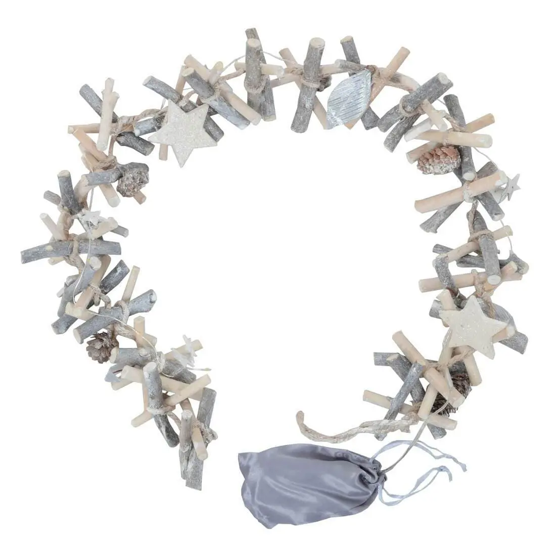 1M Light Up Wooden Garland Silver Twigs Pine Cones Stars 2