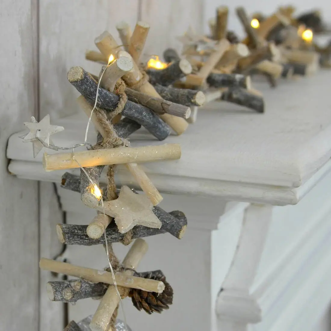 1M Light Up Wooden Garland Silver Twigs Pine Cones Stars 1