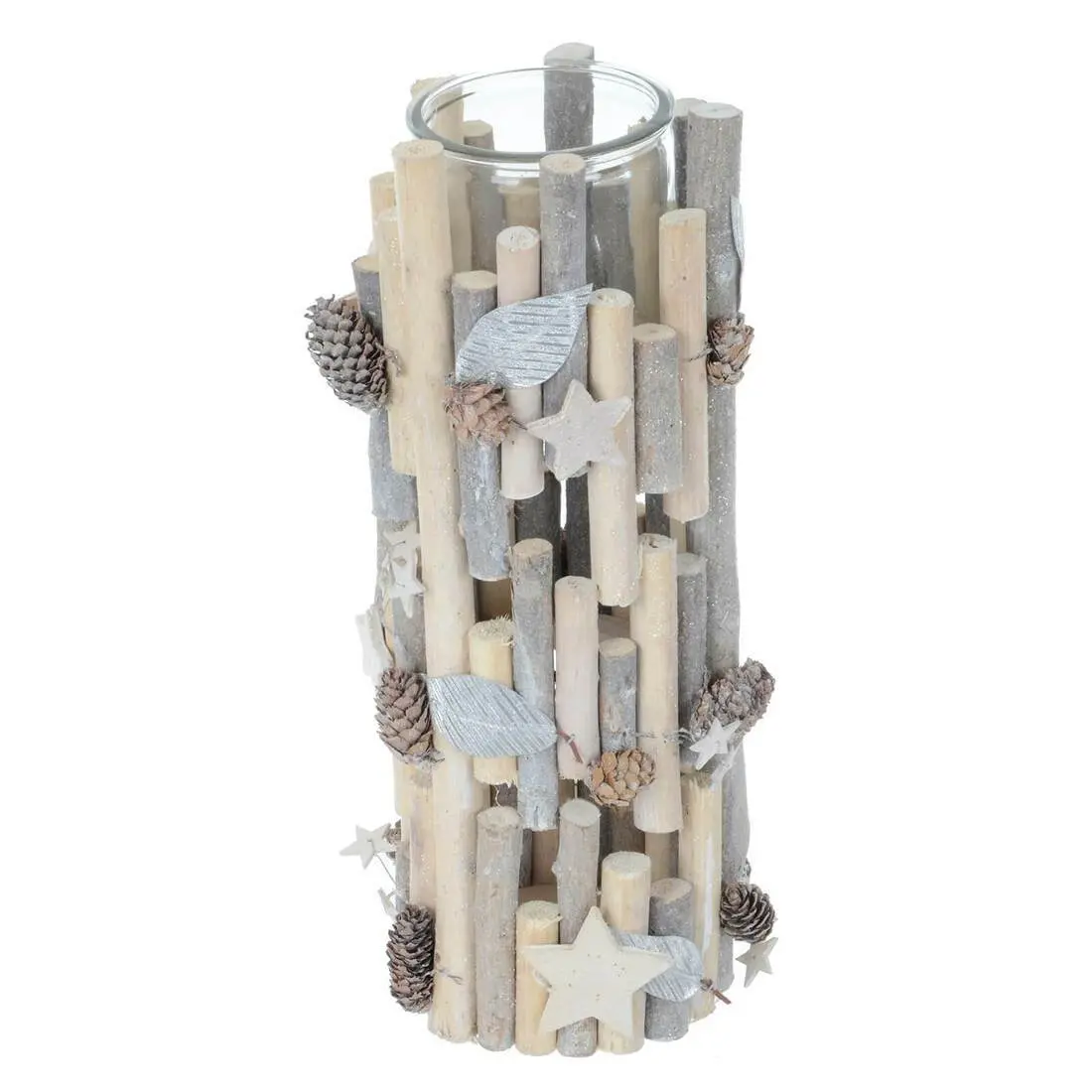 Tall Wooden Candle Holder Christmas Silver Twigs Stars Cones 1