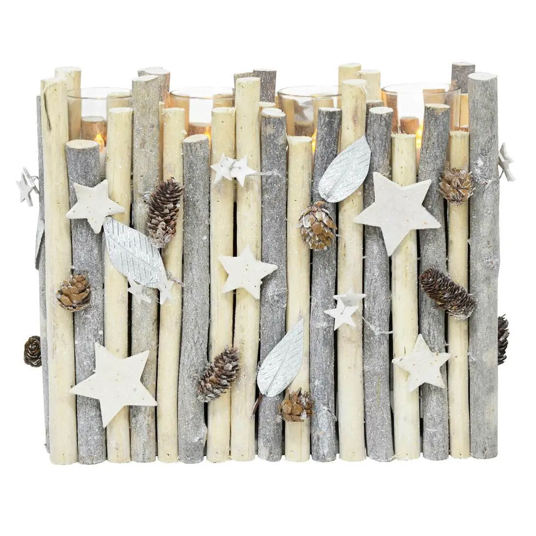 Tall Rectangle Wooden Candle Holder Christmas Silver Twigs 37Cm 1