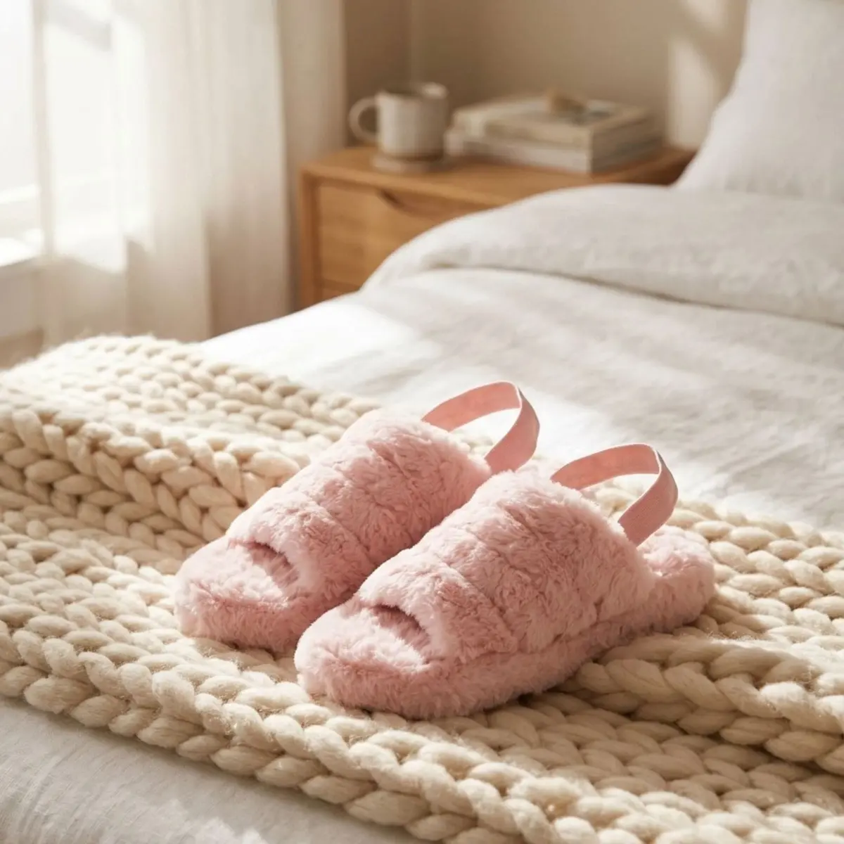 Womens Tallulah Mule Slippers Faux Fur Open Toe Elastic Strap 1